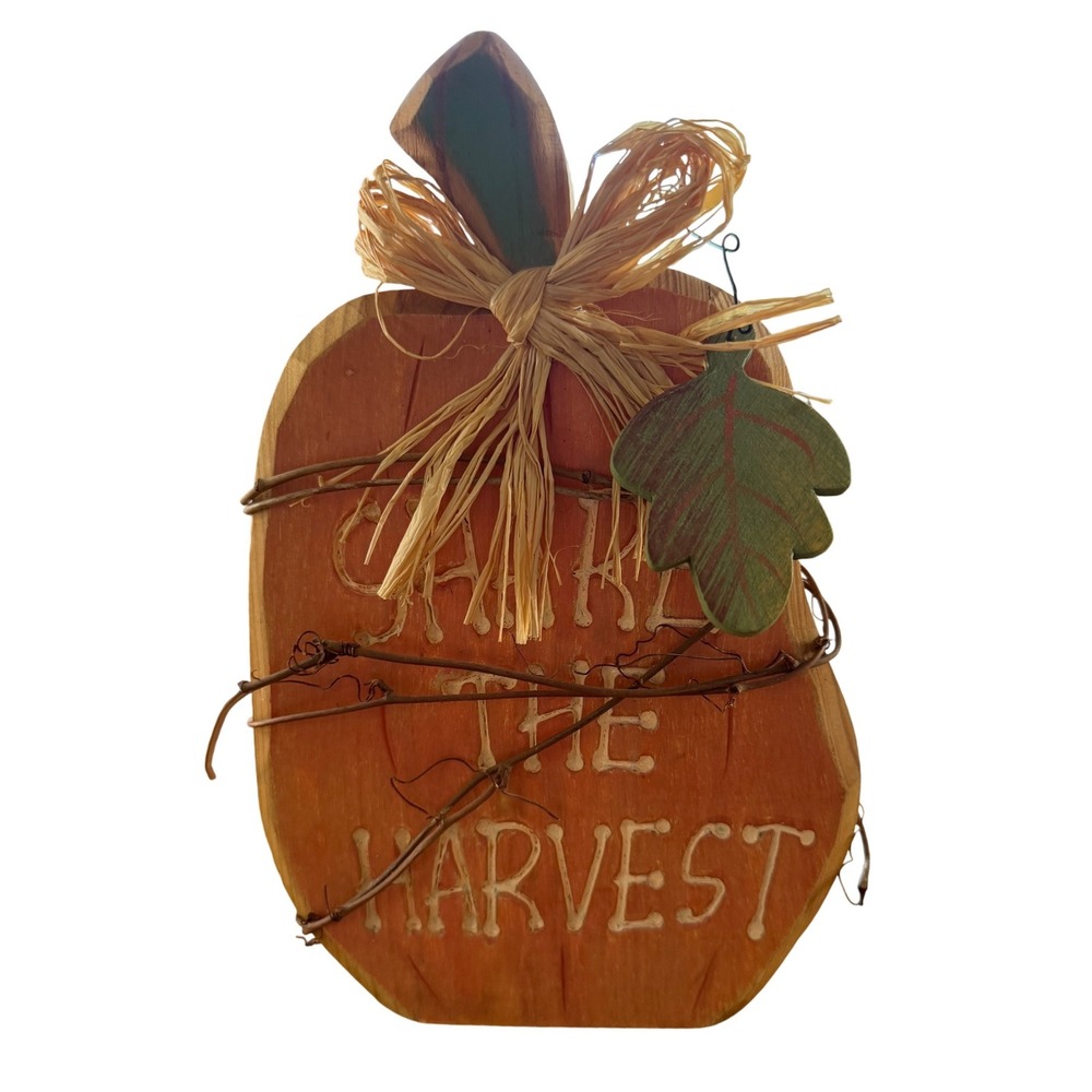 Vintage Kmart Share The Harvest Wooden Pumpkin Fall Decor Farmhouse Rustic 10.5"